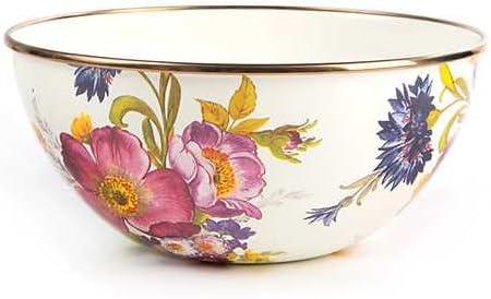 Small White Enamel Flower Market Serving Bowl with Botanical Design