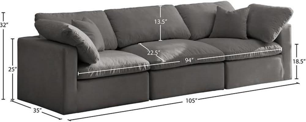 Meridian Furniture Plush Standard Modular Sofa, Soft Grey Velvet, Overstuffed Down Feather Cushions