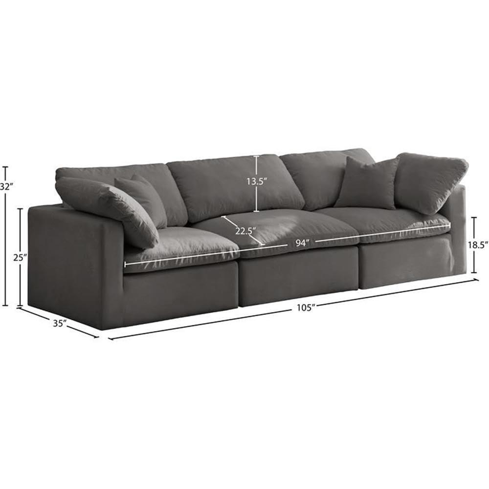 Meridian Furniture Plush Standard Modular Sofa, Soft Grey Velvet, Overstuffed Down Feather Cushions