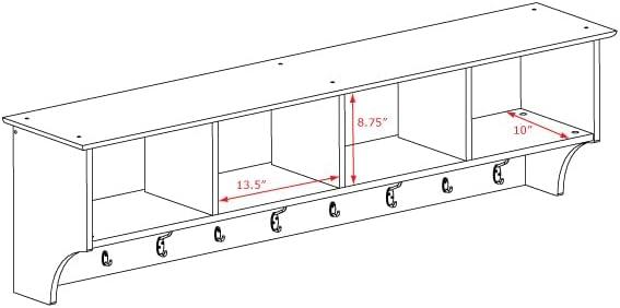 Prepac 60" Wide Hanging Entryway Shelf White: Wall Mounted Storage with 9 Hooks, Laminated Wood Composite