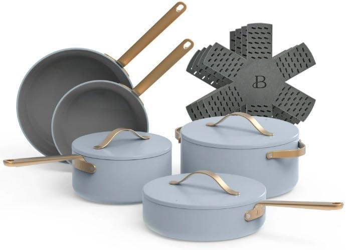 Beautiful 12pc Ceramic Non-Stick Cookware Set, Sage Green by Drew Barrymore