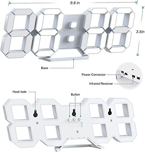 Led Digital Alarm, 3D Wall Clock Desk Auto Dimming 12/24 Hour Date Temperature Home Decor Remote Control Silent Snooze USB Nightlight Bedroom Living Room Kitchen Office 9.7inch Cool White