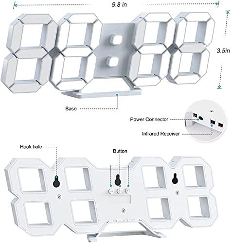 Led Digital Alarm, 3D Wall Clock Desk Auto Dimming 12/24 Hour Date Temperature Home Decor Remote Control Silent Snooze USB Nightlight Bedroom Living Room Kitchen Office 9.7inch Cool White
