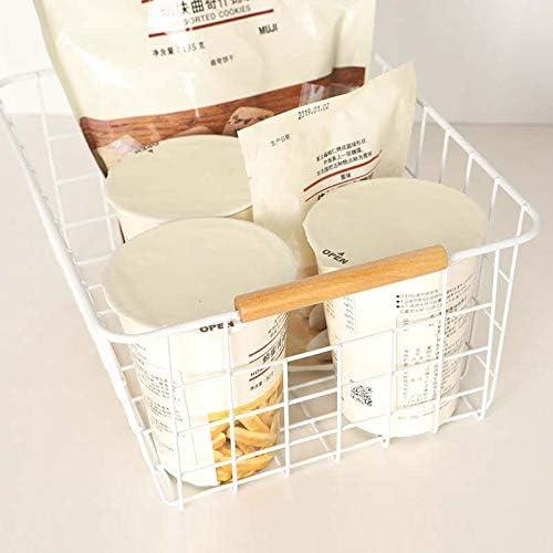 White Powder Coated Metal Wire Baskets with Wooden Handles - Set of 2