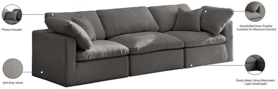 Meridian Furniture Plush Standard Modular Sofa, Soft Grey Velvet, Overstuffed Down Feather Cushions