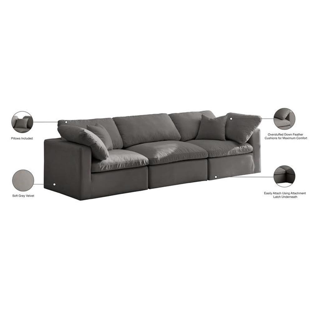 Meridian Furniture Plush Standard Modular Sofa, Soft Grey Velvet, Overstuffed Down Feather Cushions