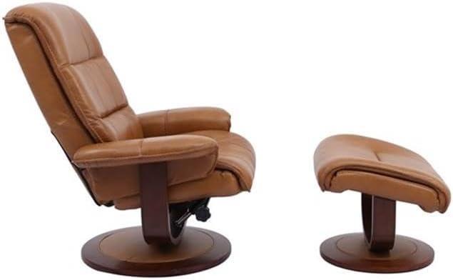 Butterscotch Leather Swivel Recliner with Ottoman and Wood Base