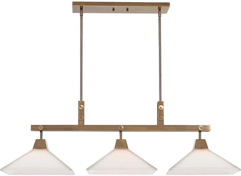 Aged Brass 3-Light Linear Chandelier with Frosted Glass Shades