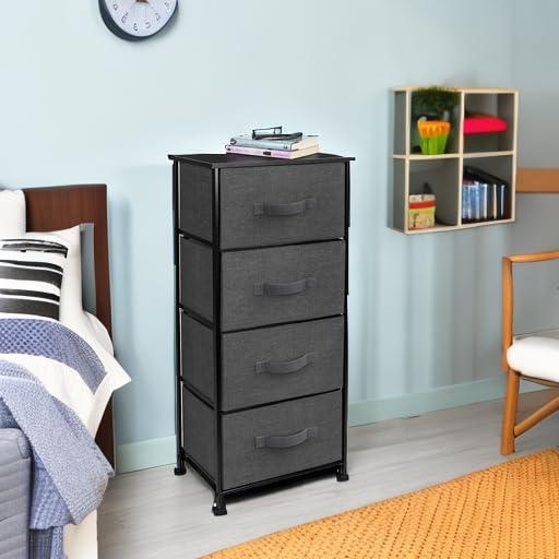 Sorbus 4 Drawers Chest Nightstand - Storage for Closet, Home, College Dorm - Features Steel Frame, Wood Top, & Fabric Bins (Black)