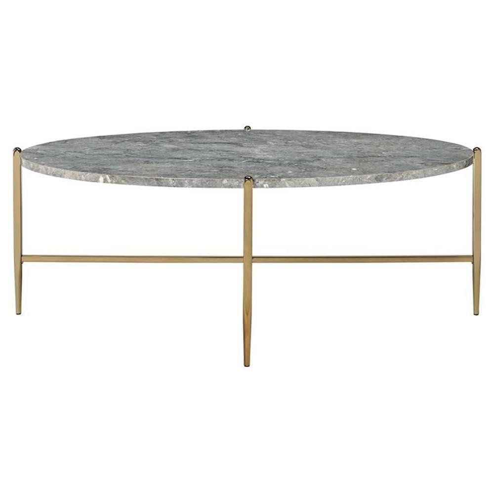 ACME Tainte Oval Faux Marble Top Coffee Table in Gray and Champagne