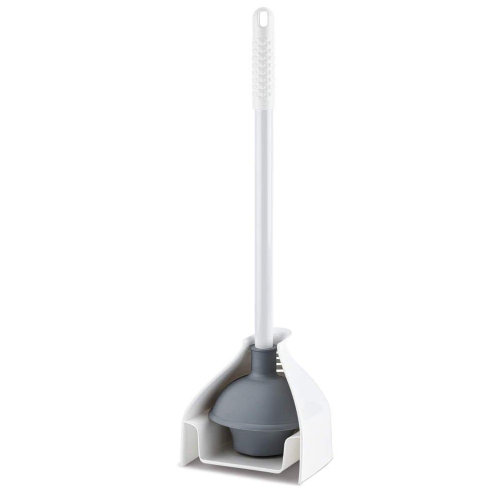 Gray and White Rubber Toilet Plunger with Steel Handle and Caddy