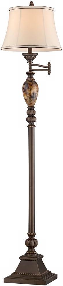 Kathy Ireland Vintage Swing Arm Floor Lamp 61" Tall Bronze Marble Font Faux Silk Shade for Living Room Reading House Bedroom Home