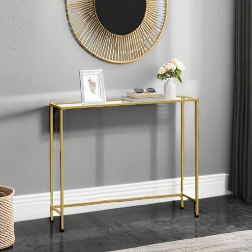 VASAGLE Console Sofa Table, Modern Entryway Table, Tempered Glass Table, Metal Frame 13.8 x 39.4 x 31.5 inches Gold