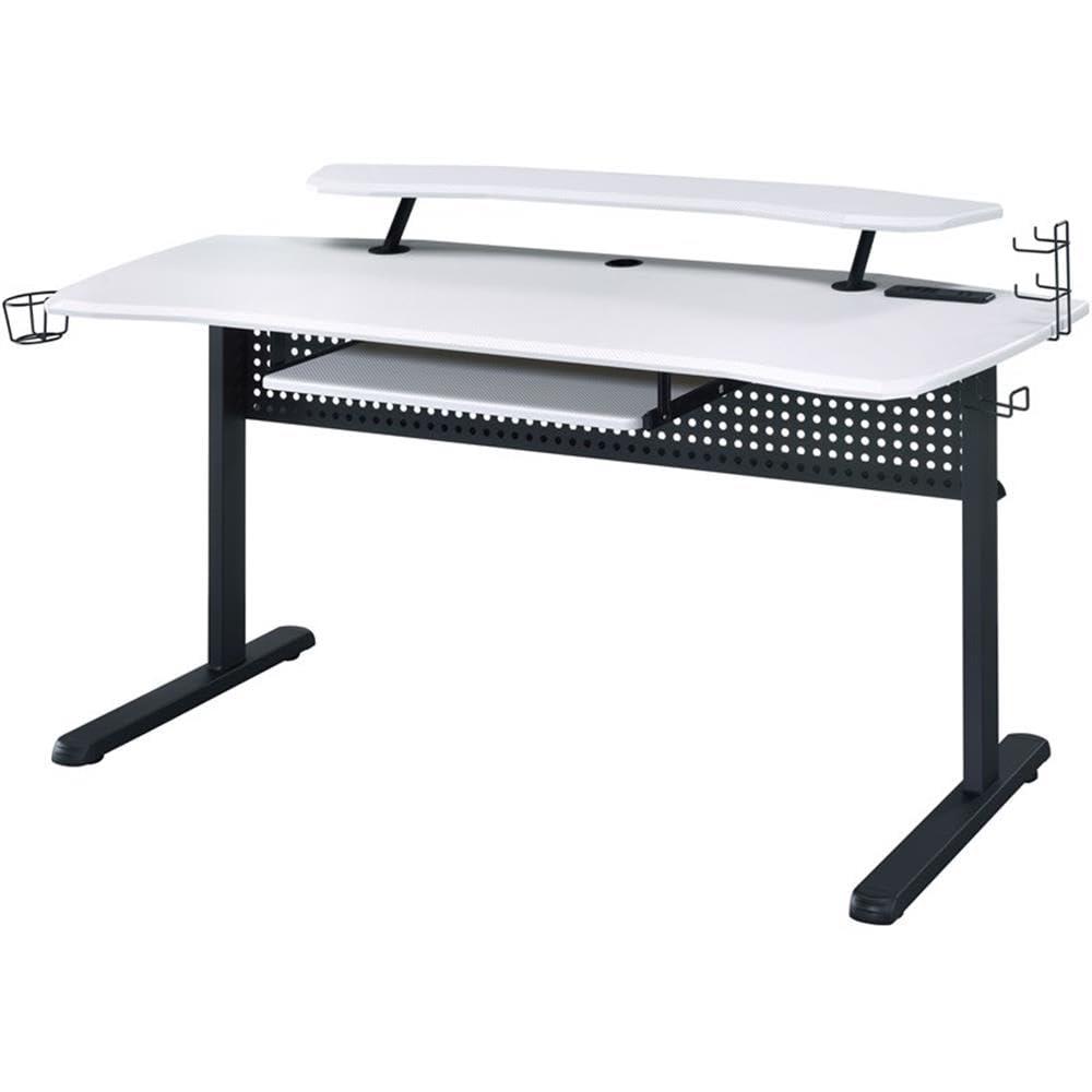 Vildre Gaming Desk with USB Port Black/White - Acme Furniture: Hutch, Power Outlets, Cupholder, Controller Stand