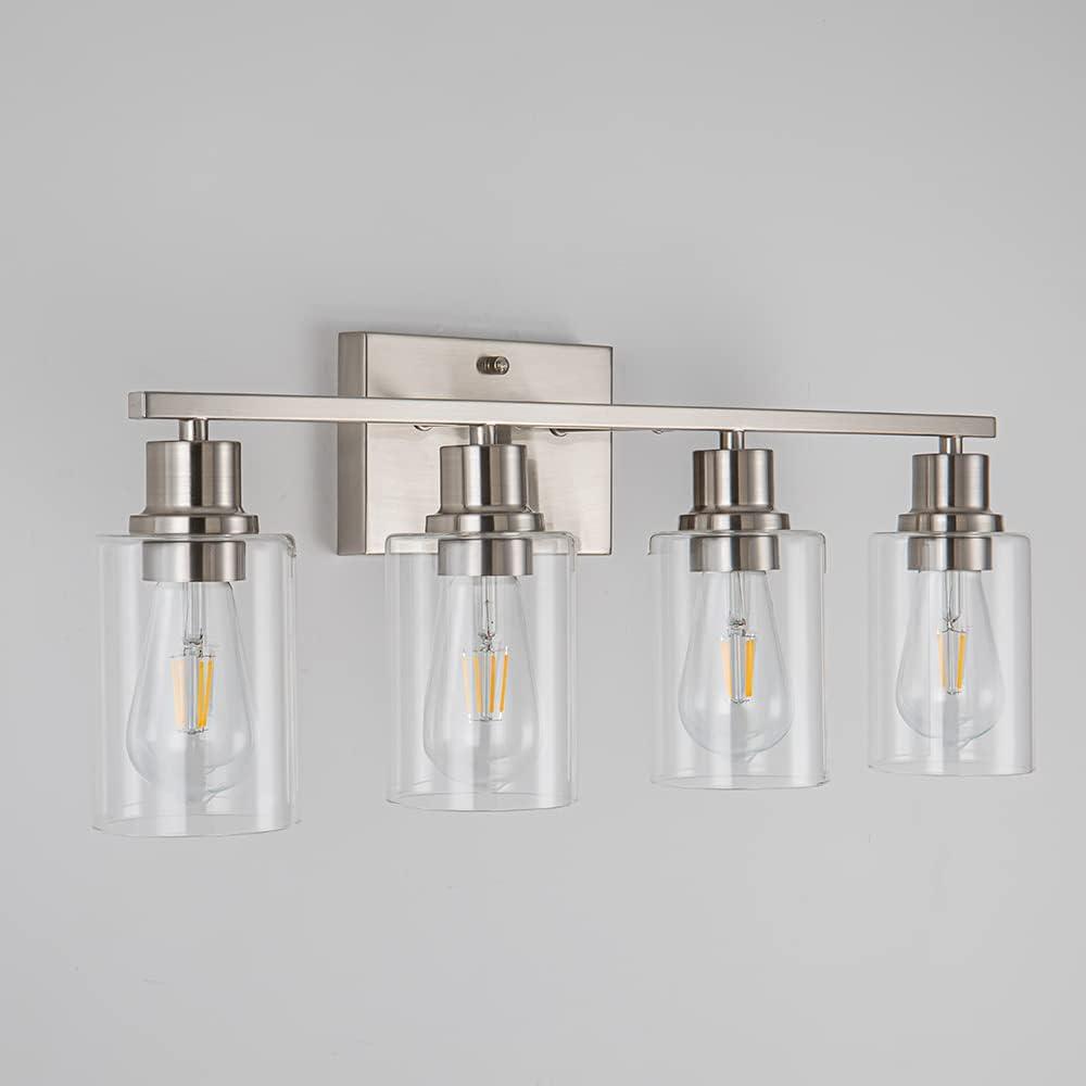 Brushed Nickel 4-Light Bathroom Vanity Fixture with Clear Glass Shades