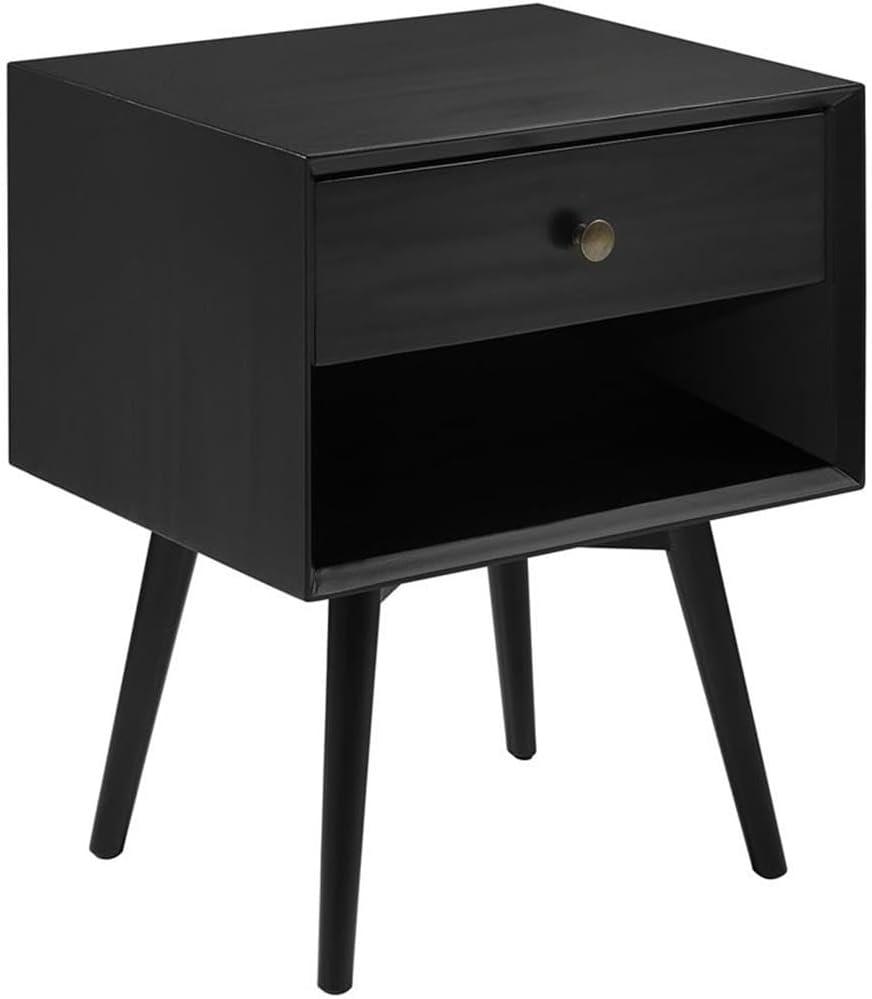 Mid-Century Modern Black Pine Wood 1-Drawer Nightstand