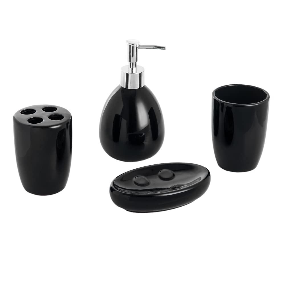 Home Basics 4 Piece Solid Print Ceramic Bath Accessories Sets, Black