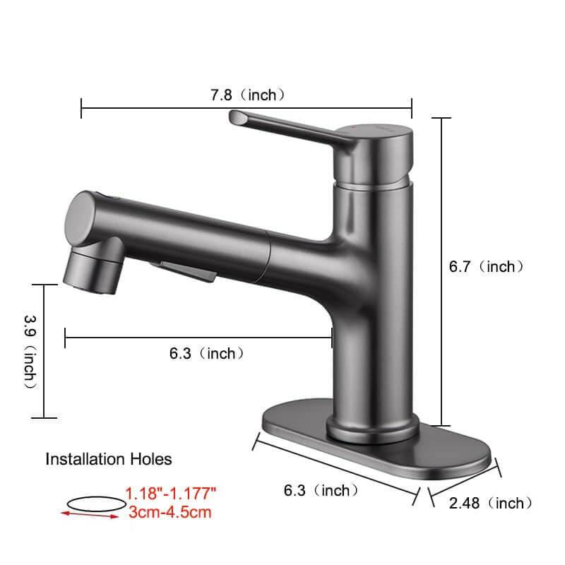 Bathroom Sink Faucet with Pull Out Sprayer Single Hole one Handle Basin Mixer Tap Pull Down Vessel Waterfall Rotating Spout Widespread Drain Assembly (Gun Grey, Regular)
