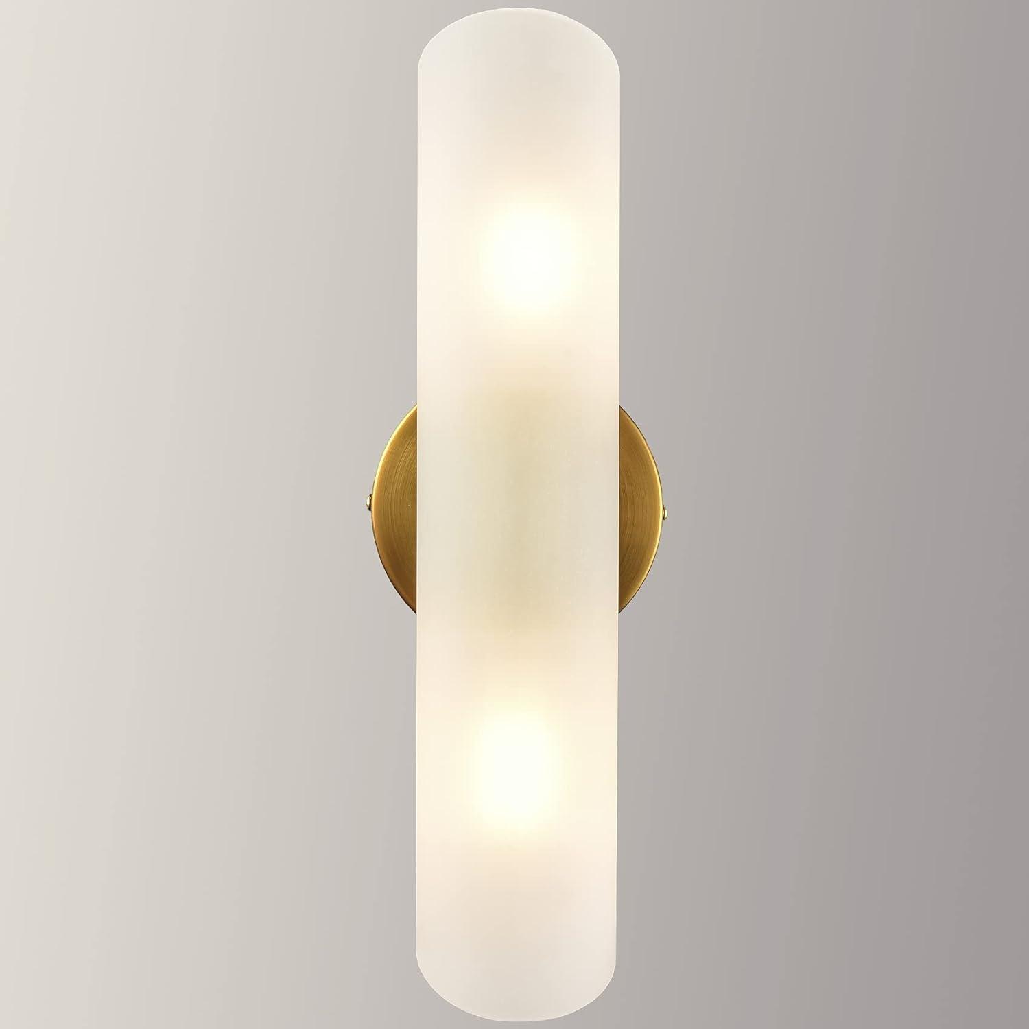 Modern Brass and Frosted Glass Cylinder Vanity Light Set