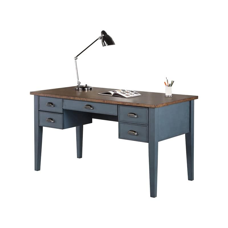 Transitional Blue-Brown Wood Executive Desk with Power Outlet and Drawers