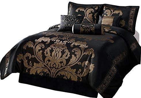 Chezmoi Collection Royal Luxury Jacquard Floral Comforter Set, Full, Black/Gold, 7-Piece