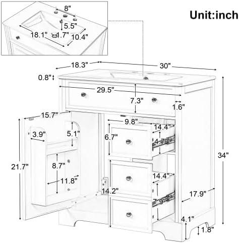 30" White Solid Wood Freestanding Bathroom Vanity with Ceramic Sink