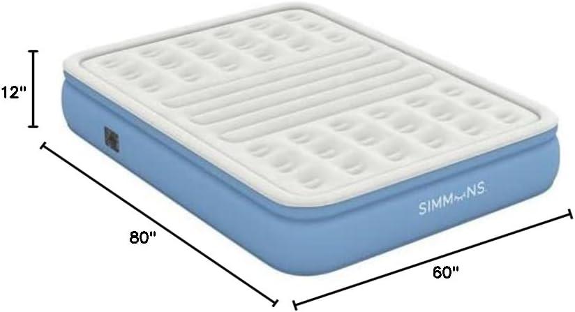 Queen White and Blue Raised Air Mattress with Built-in Pump