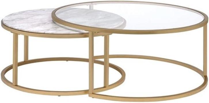 Metal Framed Nesting Coffee Tables with Glass and Marble Tops Set of Two Gold - Saltoro Sherpi