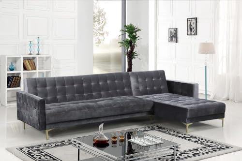 Luxurious Gray Velvet Tufted Sectional with Gold Metal Legs