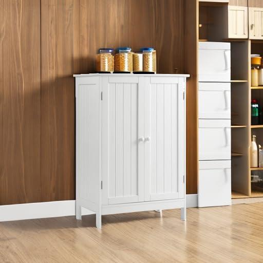 White MDF Bathroom Floor Cabinet with Adjustable Shelving