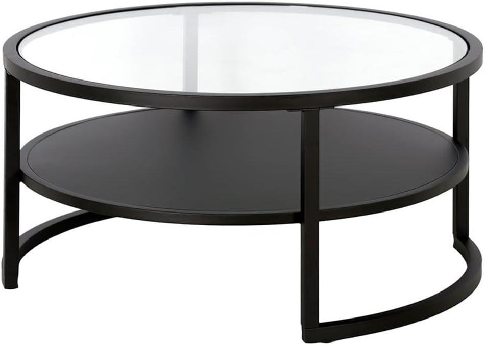 Evelyn&Zoe Winston 34.25" Wide Round Coffee Table with Metal Shelf in Blackened Bronze