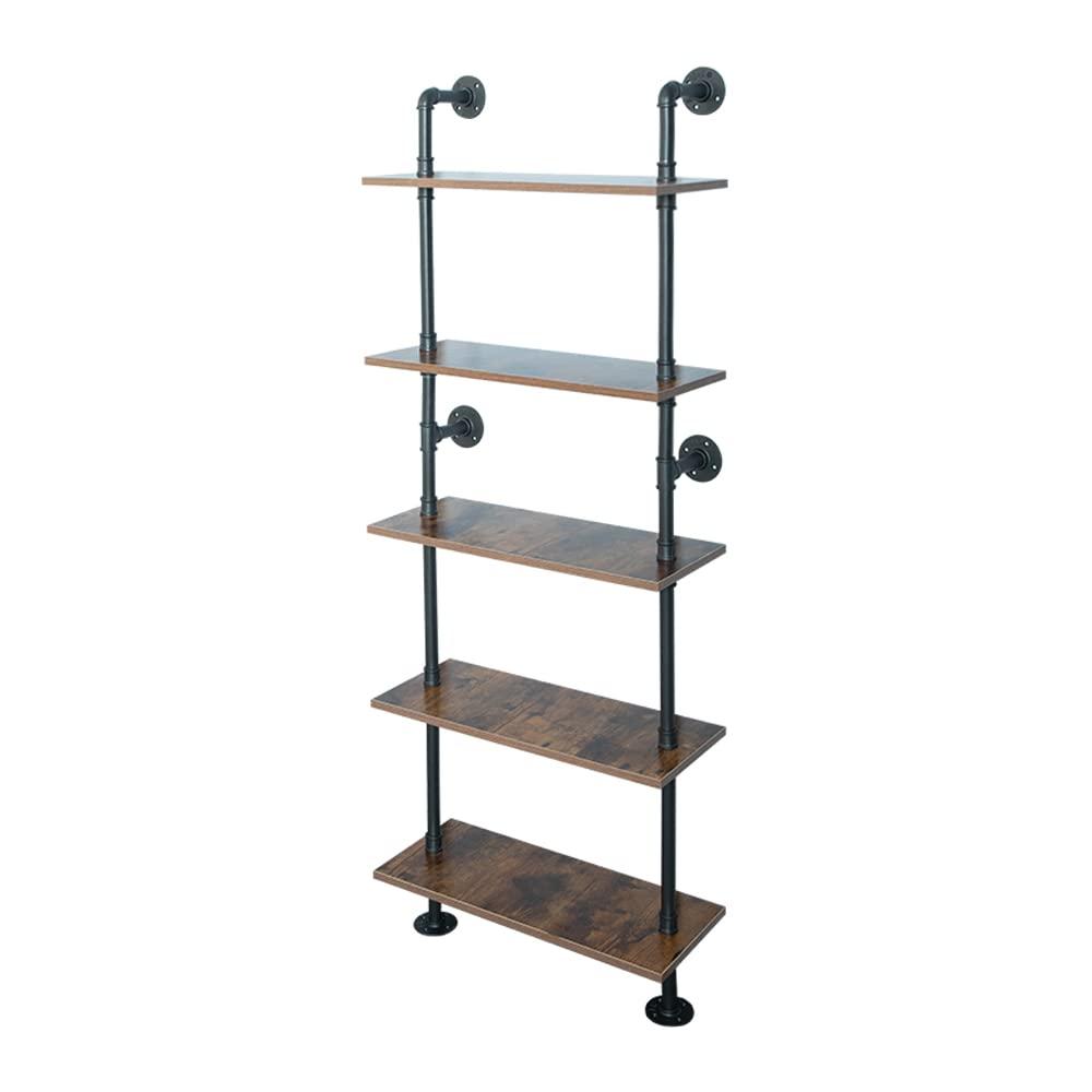 5 Shelf Industrial Pipe Shelving, Black Modern Bookcase Bookshelf, Wall Mount Ladder Shelf with Metal Frame Display Selves