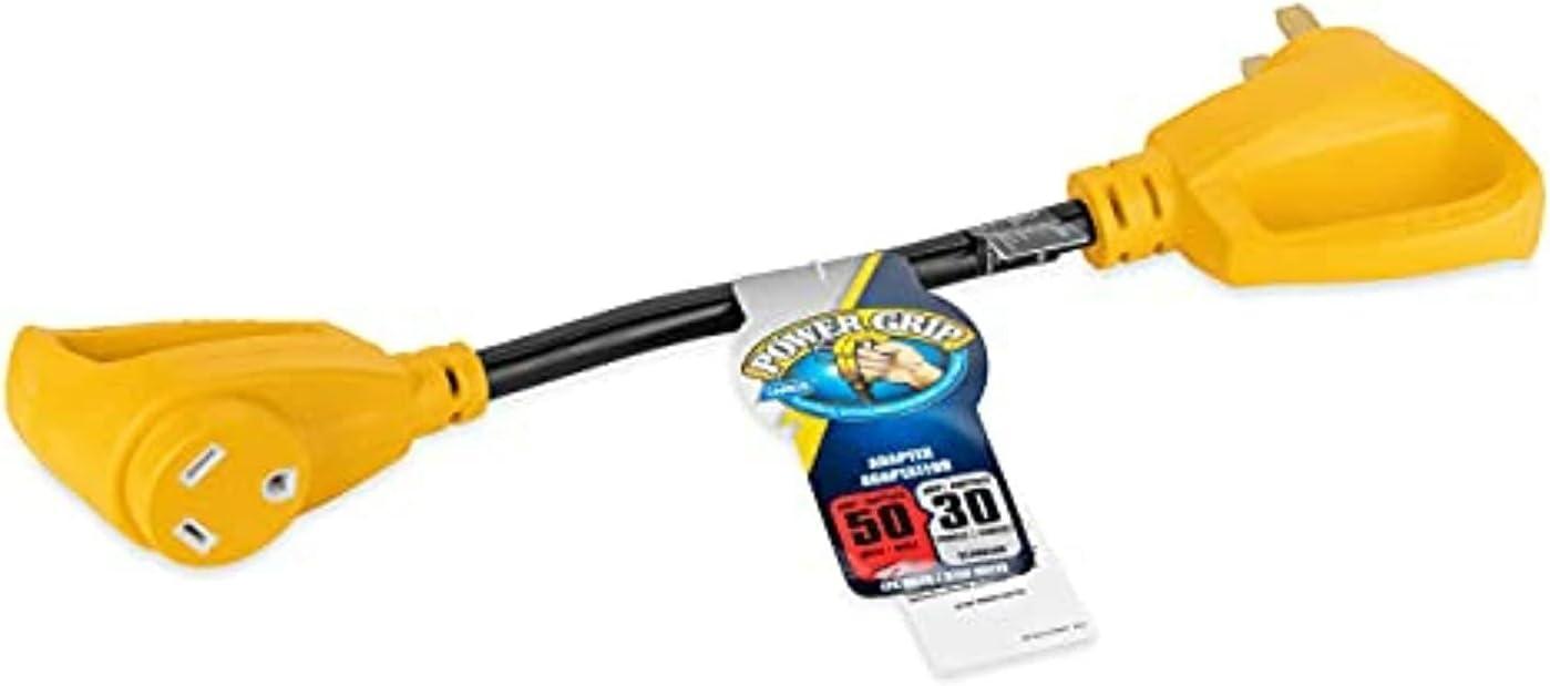 Camco Power Grip 18-inch 50 to 30-Amp Dogbone RV Electrical Adapter - 125 Volts 3750 Watts – 10/3-Gauge Wires, Yellow (55175)