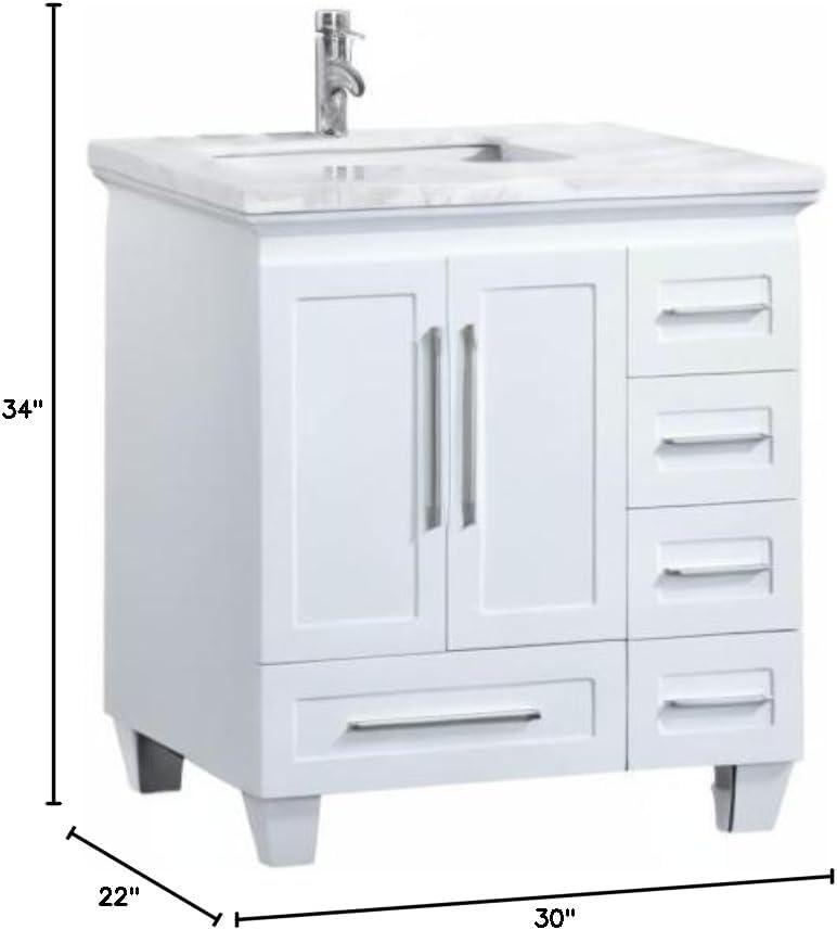 Eviva Loon 30" Long Handles Transitional White Bathroom Vanity with White Carrara Quartz Countertop