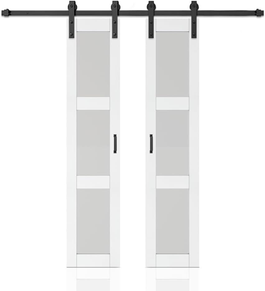 Calhome 3-Lite Tempered Frosted Glass White Finished Composite Double Sliding Barn Door with Hardware Kit Handle