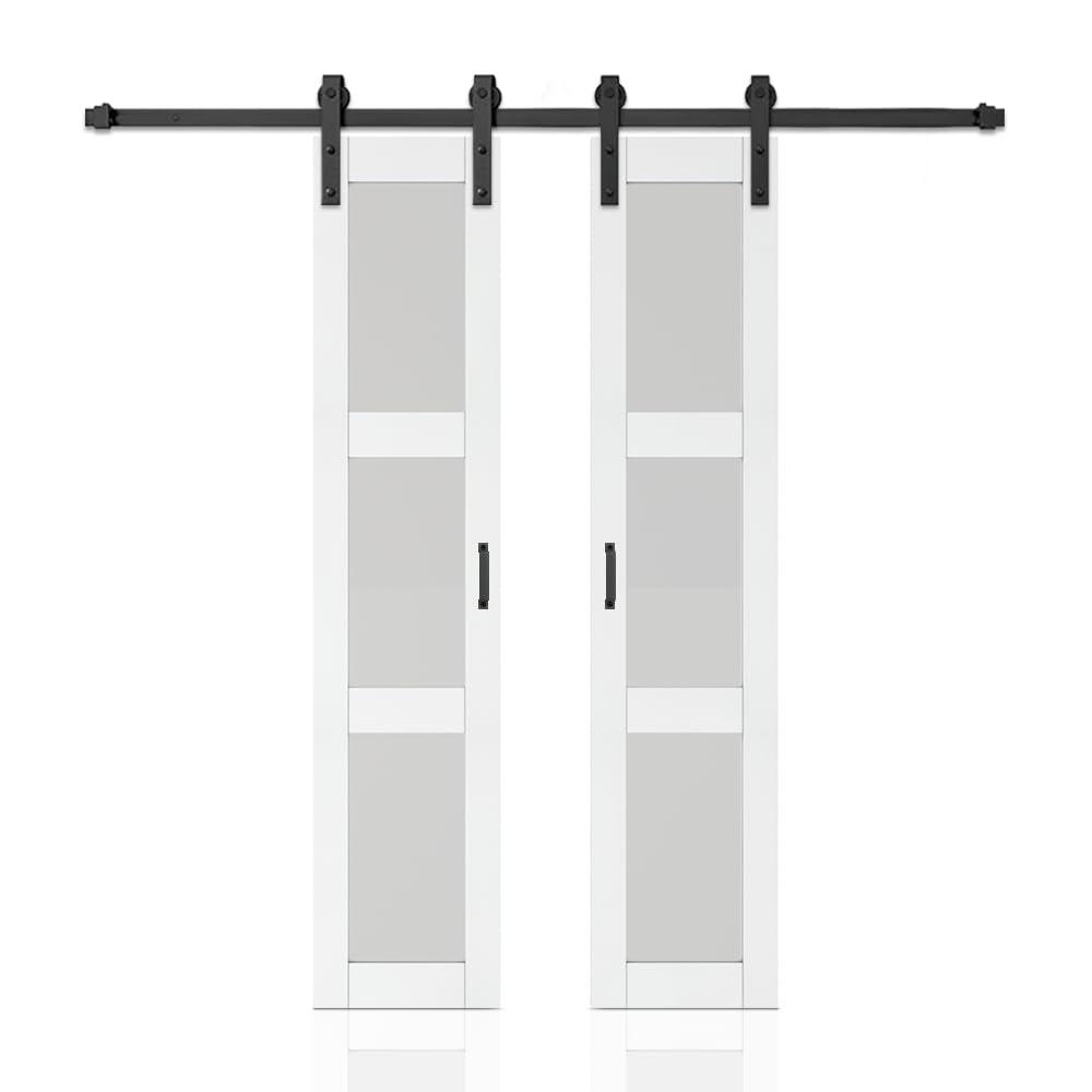 Calhome 3-Lite Tempered Frosted Glass White Finished Composite Double Sliding Barn Door with Hardware Kit Handle