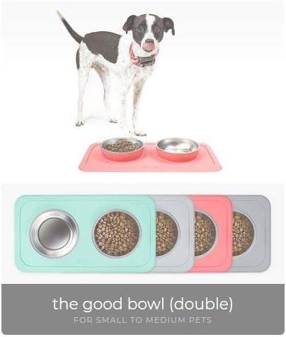 Ono Good Bowl Food & Water Double Feeder - Small to Medium Pets No Spill Non Skid Silicone Mat & Stainless Steel Bowl for Dogs or Cats (Charcoal)