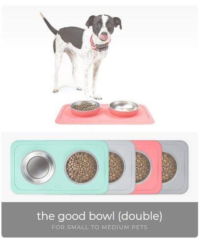 Ono Good Bowl Food & Water Double Feeder - Small to Medium Pets No Spill Non Skid Silicone Mat & Stainless Steel Bowl for Dogs or Cats (Charcoal)