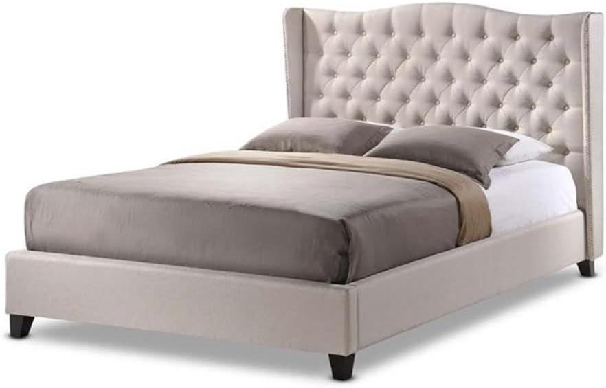 King Light Beige Linen Tufted Upholstered Platform Bed