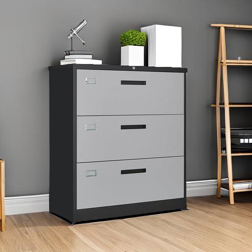 Letaya File Cabinet with Lock-Lateral 3 Drawer Metal Filing Cabinets-Organization Storage for Home Office-Hanging Letter/Legal/F4/A4 Size (Grey Black)