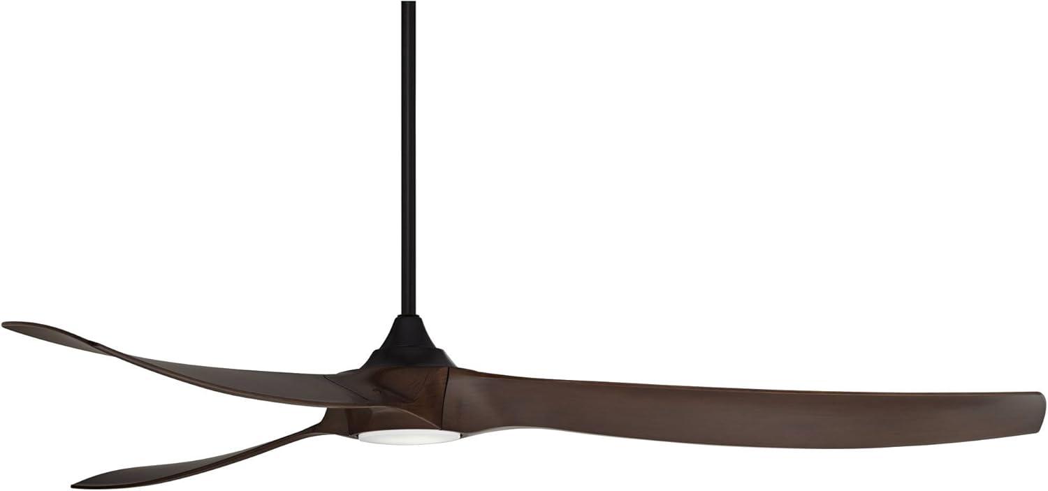 Casa Vieja 70" Kona Wind Modern Indoor Outdoor Ceiling Fan 3 Blade LED Light Remote Control Black Finish Walnut Blades Bedroom DC Motor Damp Rated