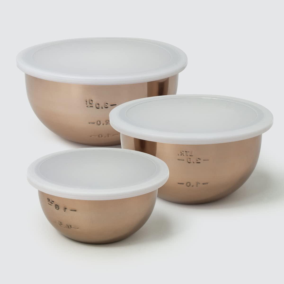 1.5Qt, 3Qt, 5Qt, Copper Tone Stainless Steel Mixing Bowl Set w/Plastic Lids