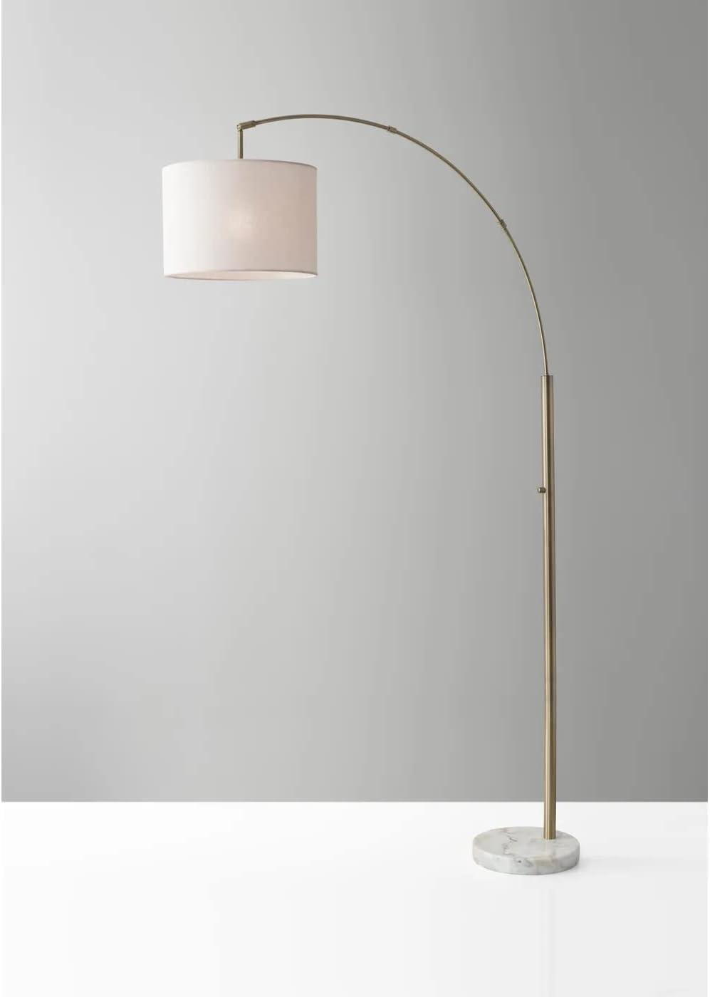 73.5" Bowery Arc Lamp Antique Brass - Adesso: White Marble Base, Off-White Shade, ETL Listed