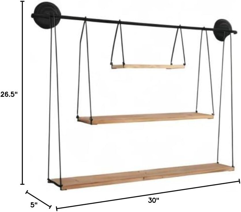 Stratton Home Decor Large 3 Tier Metal and Wood Hanging Wall Shelf, Black