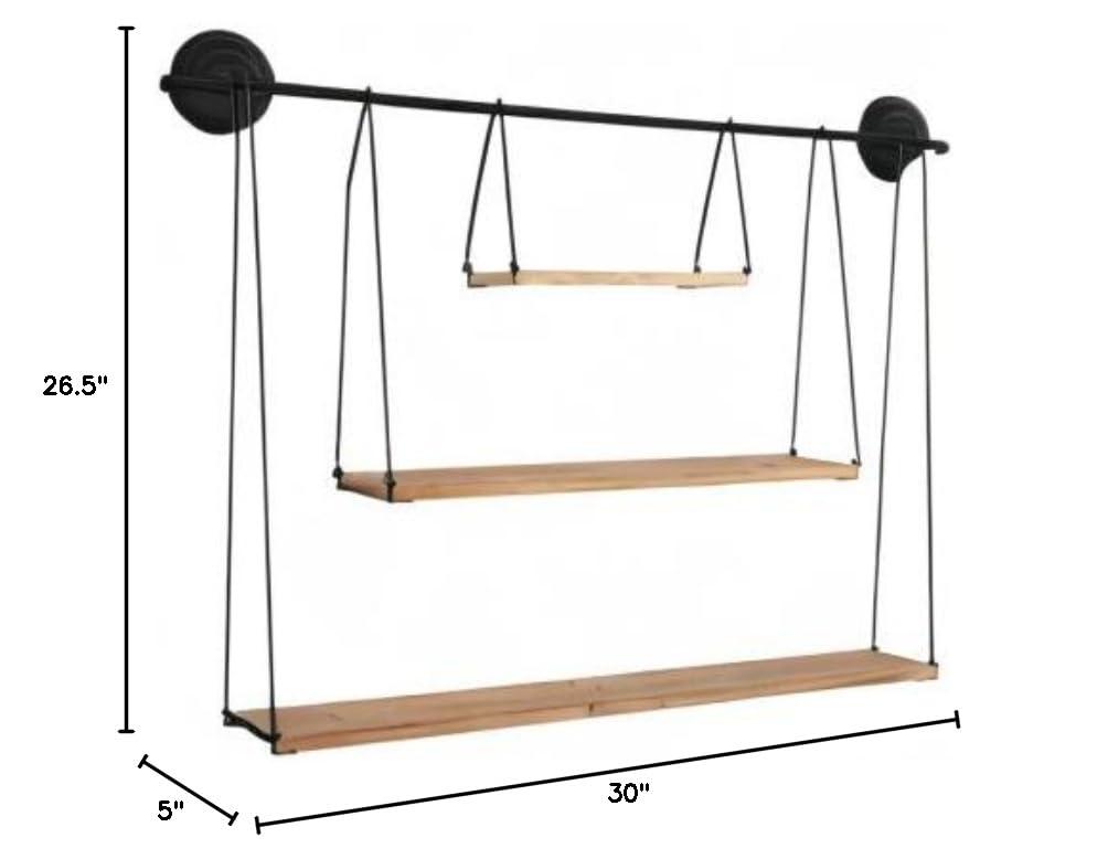 Stratton Home Decor Large 3 Tier Metal and Wood Hanging Wall Shelf, Black