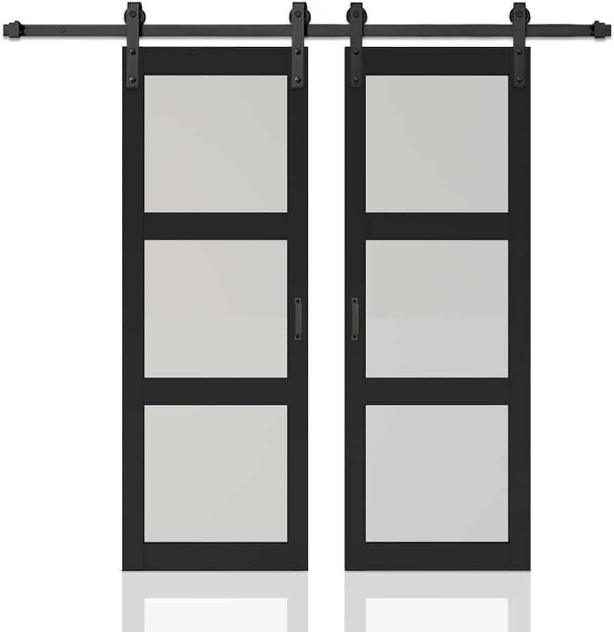 Calhome 3-Lite Tempered Frosted Glass White Finished Composite Double Sliding Barn Door with Hardware Kit Handle