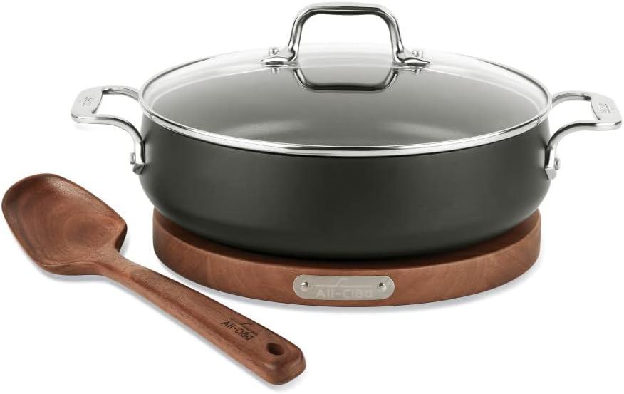 Nonstick Aluminum Sauteuse Pan with Acacia Spoon and Lid, 4 Quart