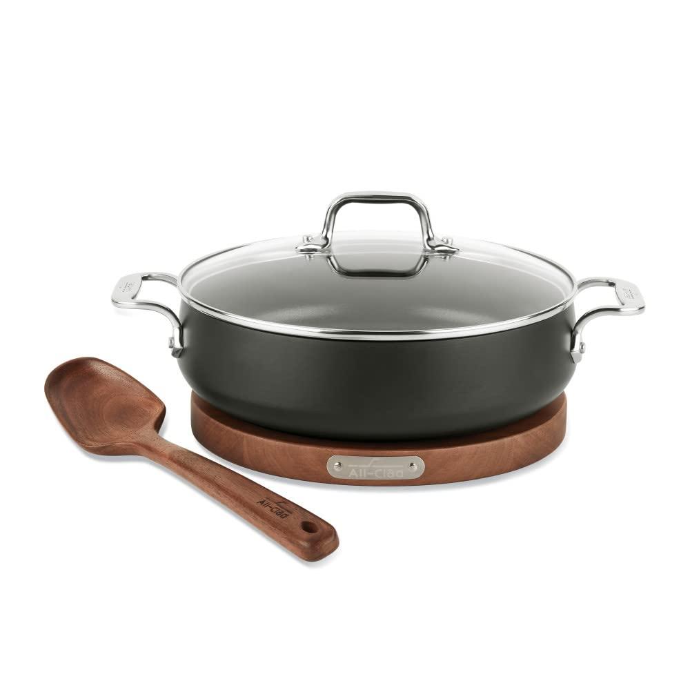All-Clad 4 Quart Nonstick Sauteuse with Acacia Wood Trivet & Spoon and Glass Lid, HA1 Hard Anodized Cookware