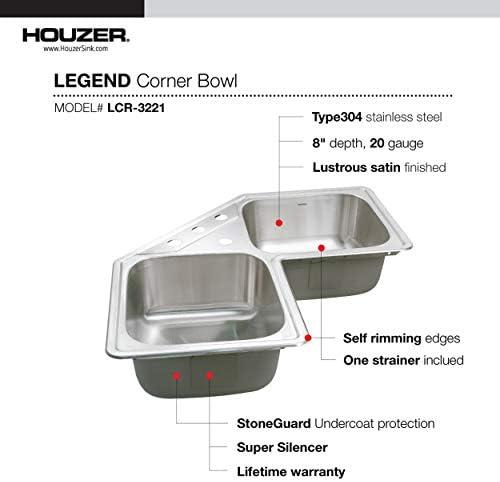 Houzer 32 in Stainless Topmount 4-hole 50/50 Double Corner Kitchen Sink w/ Strainer,Grid-LCR-3221-C