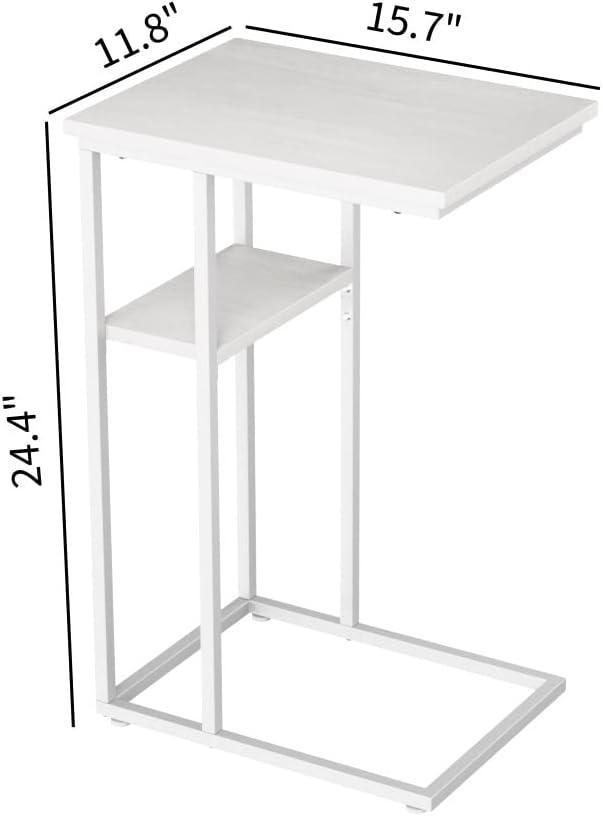 C Shaped Side Table, Wood End Table with Metal Frame for Couch and Bed, Rectangle Laptop Table for Bedroom Living Room Office, White